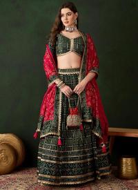 Dark Green Poly Satin Printed Work Wholesale lehenga choli in Surat