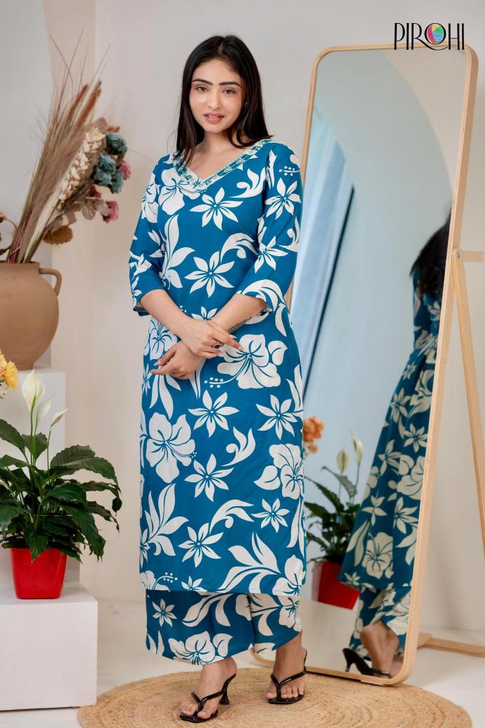 Pirohi kanchi reyon print coord set Kurti catalogues in Hyderabad