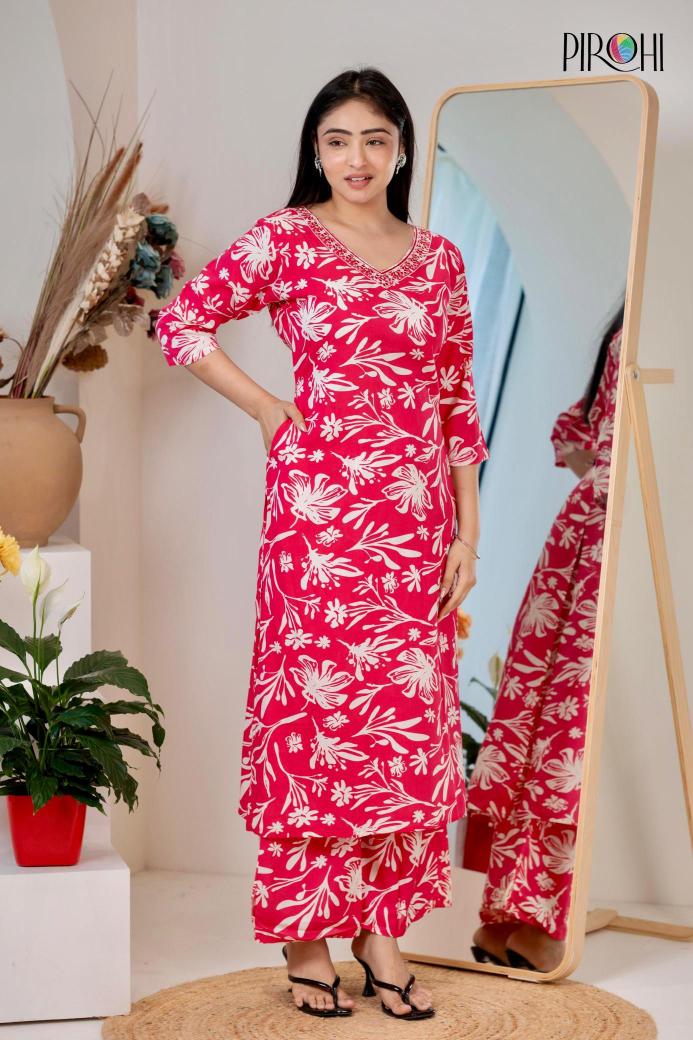 Pirohi kanchi reyon print coord set Kurti catalogues in Hyderabad