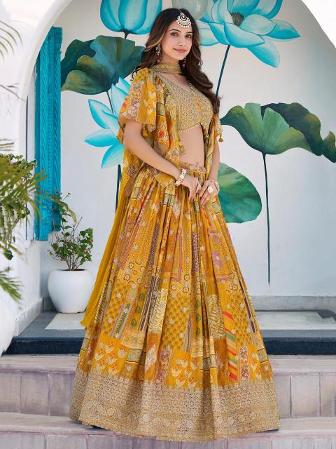 Queen Multicolor Chinnon Silk Yellow Wholesale lehenga choli suppliers