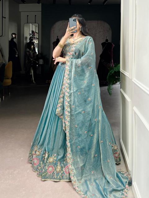 Zari Shimmer Sky blue Lehenga choli exporters